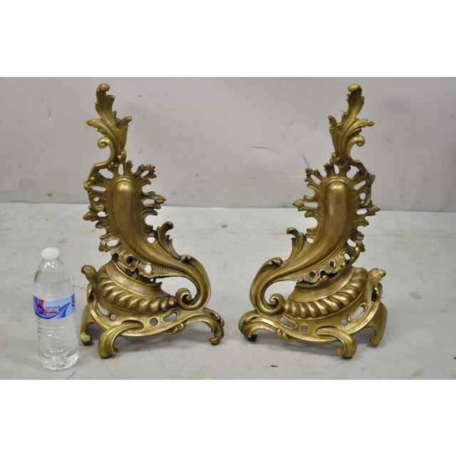 Vintage French Rococo Style Bronze Acanthus Leafy Scroll Fireplace Andirons - a Pair. Circa Mid 20th Century....