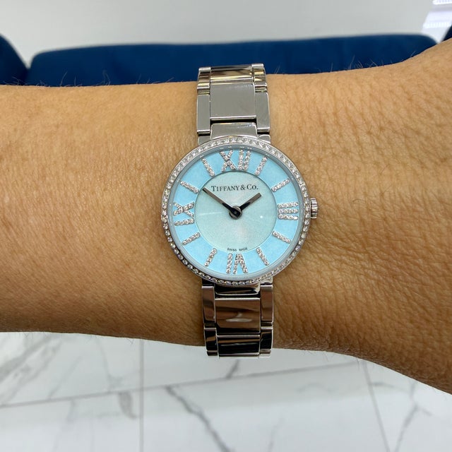 Ladies Tiffany & Co. Blue Atlas 2-Hand 24mm 62867485 Diamond Steel Quartz Watch For Sale - Image 9 of 9