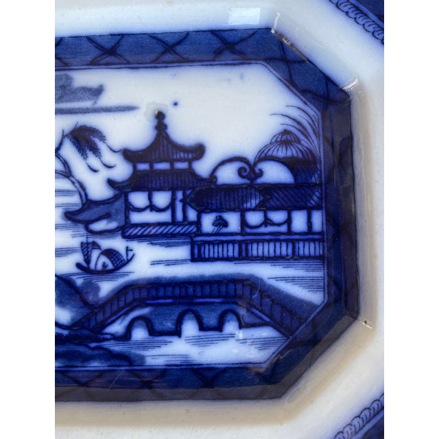 English Antique 15"x11" England Staffordshire Octagonal Dark Flow Blue Ironstone Platter For Sale - Image 3 of 9