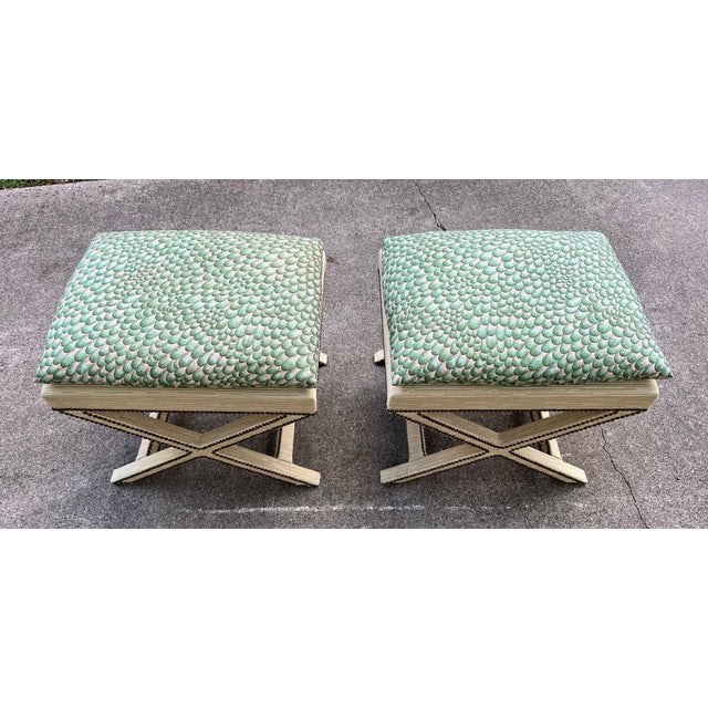 1960s 1960s Pair of Mid-Century X Form Benches With Antique Brass Nailheads For Sale - Image 5 of 11