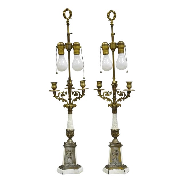 Vintage French Empire Style Candlestick Candelabra Brass Table Lamps - A Pair For Sale