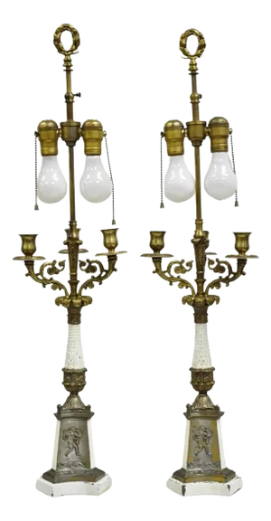 Vintage French Empire Style Candlestick Candelabra Brass Table Lamps - A Pair