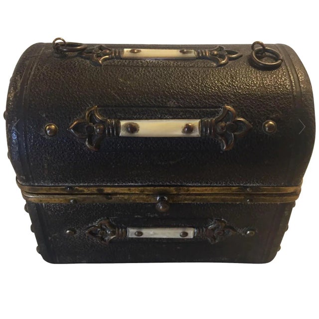 Continental Shagreen, Mother of Pearl Miniture Trunk With Gilt Filigree Crystal Bottles - 3 Pieces For Sale - Image 13 of 13