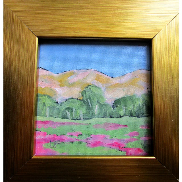 Framed Miniature California Valley Art 4X4 meadow wildflower landscape oil painting by Lynne French. The signed oil on...