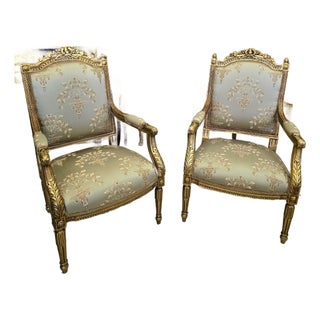 Set of 2 French Louis XVI-Inspired Armchairs – Beige Damask Upholstery With Ornate Gold Leaf Frames For Sale
