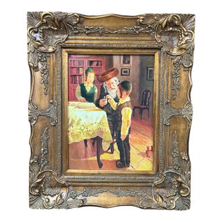 Judaica Art Oil Painting Portrait of Rabbi and Children With Gold Gilt Wooden Frame For Sale
