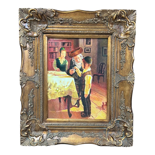 Judaica Art Oil Painting Portrait of Rabbi and Children With Gold Gilt Wooden Frame For Sale