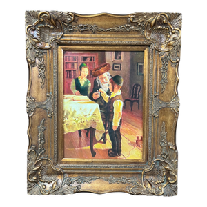 Judaica Art Oil Painting Portrait of Rabbi and Children With Gold Gilt Wooden Frame