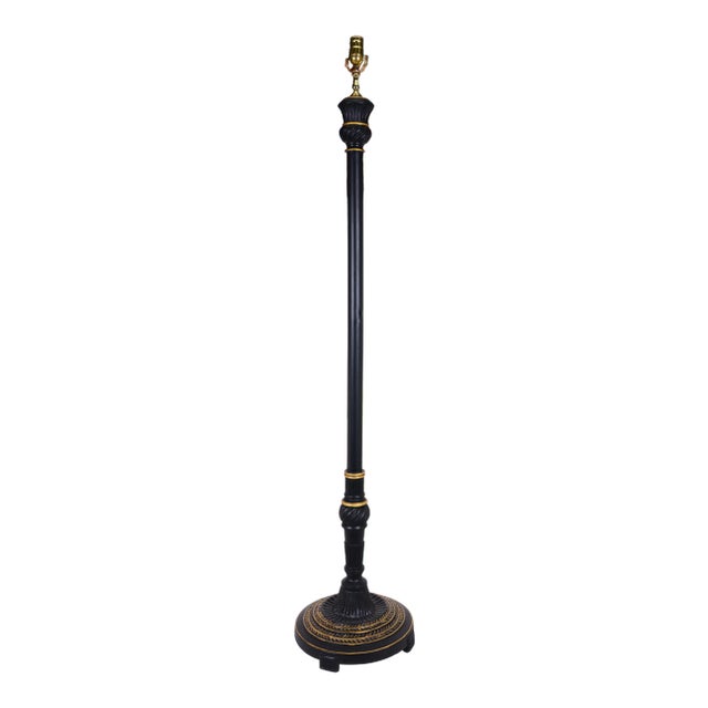 Vintage Black Pillar Wood Hand-Painted Golden Line Floor Lamp For Sale