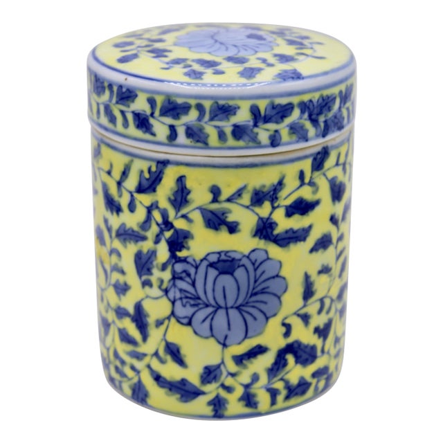 Mid-20th Century Canary Yellow and Blue Porcelain Lidded Jar For Sale