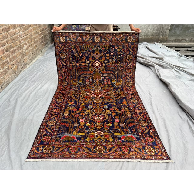 Navy Blue Vintage Afghan Baluchi Hand-Knotted Rug With Floral Medallion Design in Navy Rug For Sale - Image 8 of 11