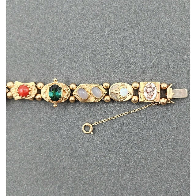 1950s 14k Yellow Gold Slide Charm Omega Gemstone Bracelet Watch For Sale - Image 11 of 16