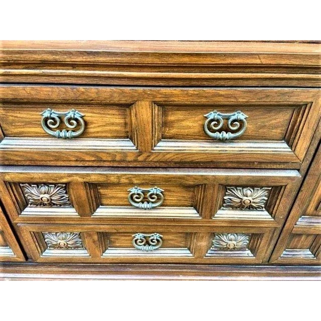 Spanish Revival Vintage Breakfront Holman Manufacturing Large Spanish Revival Oak Standing China Cabinet - 1960s For Sale - Image 3 of 9