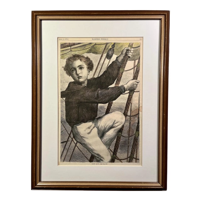 1870 Antique Harpers Weekly Going Aloft Hand Colored Steel Engraving For Sale