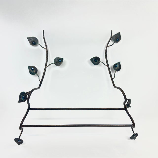 Hand Forged Iron Wall Towel Rack (82cm) Antique Copper Branch Design with Glass Bead Leaves For Sale - Image 9 of 10