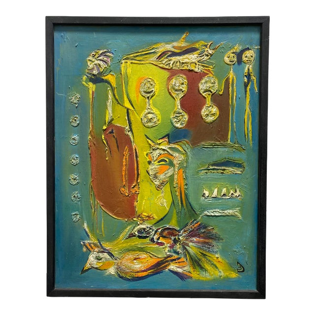 Mid Century Abstract Expressionist Oil Painting by Barbara Dabrowski, “Woman With Birds” For Sale