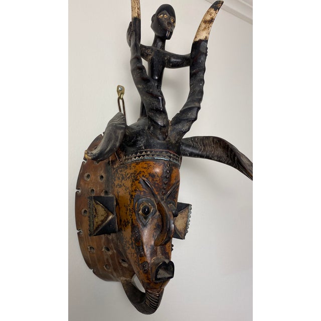Wood Guro Style African Carved Wood Horned Antelope Mask With Figure, Côte D’Ivoire For Sale - Image 7 of 12