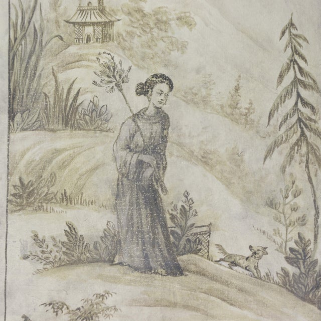 A Retro Chinoiserie-Style Gray-Toned Decorative Mural (Four-Panel Painting) For Sale - Image 10 of 14