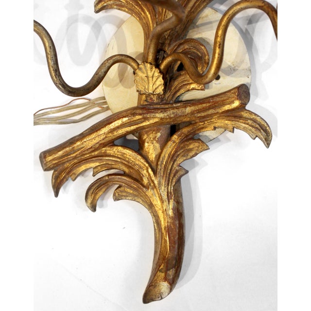 Mid 20th Century Mid-20th Century Pair of Likely-Italian Gilt Wood Wall Sconces For Sale - Image 5 of 8