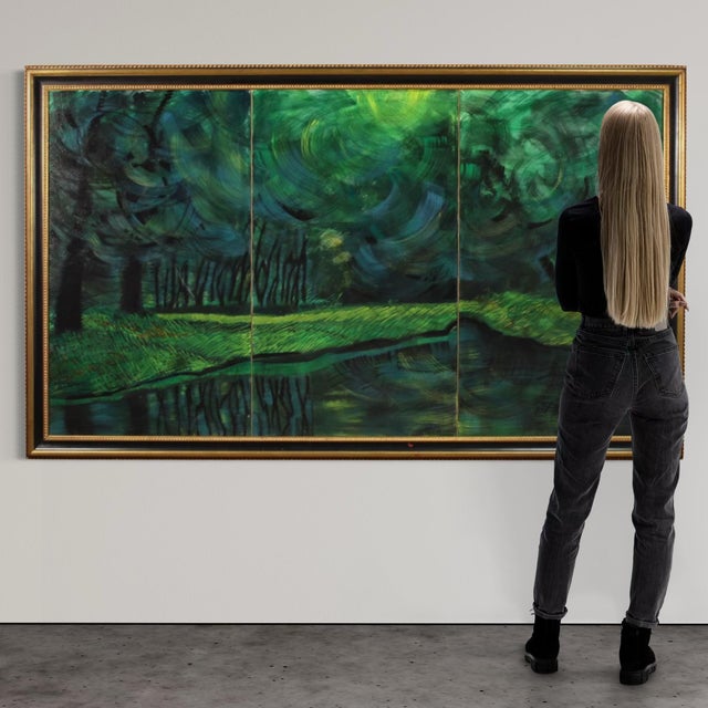 Great Italian painting dated 1993. Oil on canvas artwork depicting a fantastic landscape reminiscent of a rural view. The...