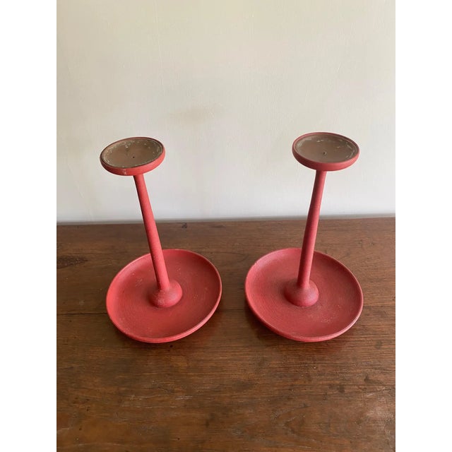 Japanese Japanese Red Lacquer Ribbed Candle Holder Pair, Meji Period C. 1900 For Sale - Image 3 of 10
