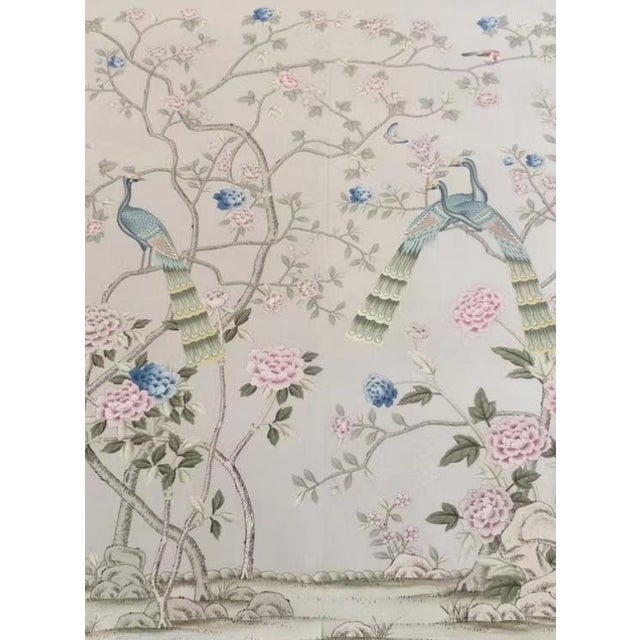 Hand Painted Chinoiserie Peacock Peony Botanical Wallpaper Panels, Soft Pastel Oriental Floral Wall Mural For Sale