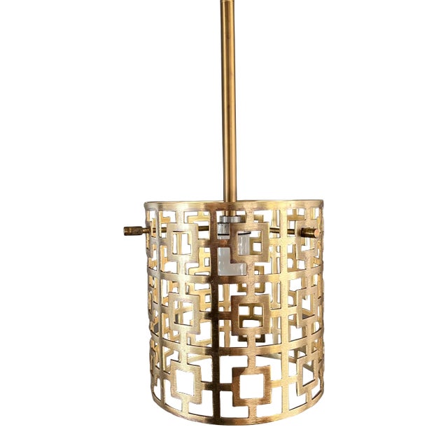 Vintage Mid Century Modern Gold Tone Cylinder Drum Pendant Light For Sale