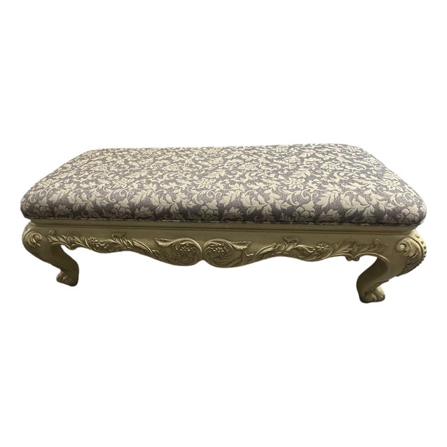 Vintage Carved Cream Bench With Upholstered Damask Cushion For Sale