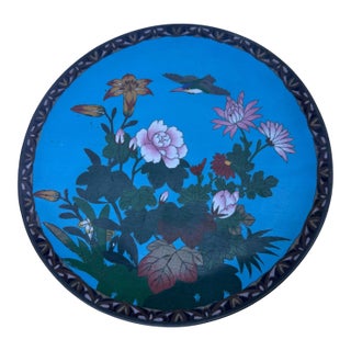 Antique Japanese Meiji Cloisonne Charger Bird Flowers Blue Enamel 12 For Sale