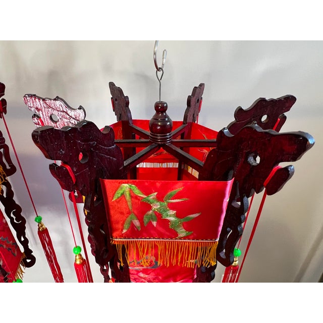Red Vintage Mid 20th Century Red Chinese Palace Lanterns With Embroidered Dragons and Tassels - a Pair For Sale - Image 8 of 12