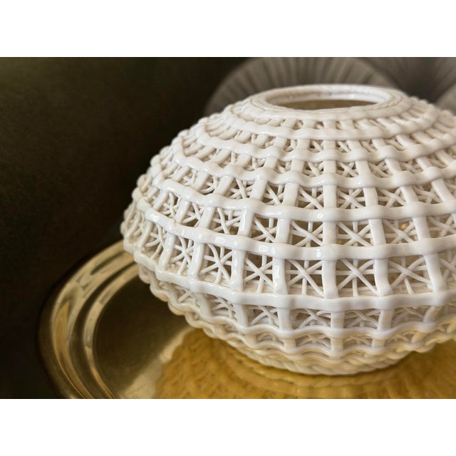 Ceramic Vintage Handmade Chinoiserie Reticulated Woven Wicker Lattice Porcelain Basket Vase Sculpture For Sale - Image 7 of 10