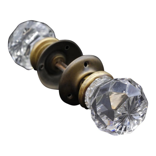 Faceted Antique Collectors Etched Cut Glass Doorknob Set For Sale