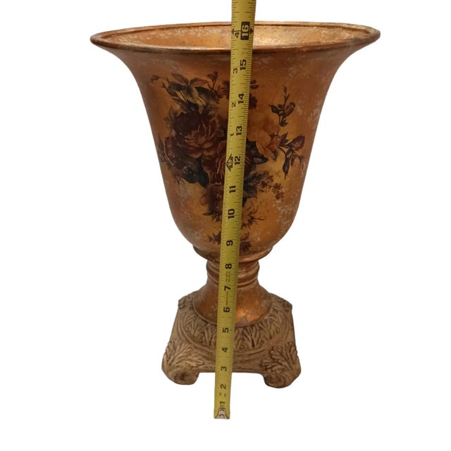 90s Ceramic Flower Vase Rose Painted Urn Tabletop Pedastle Golden Brown For Sale - Image 10 of 11