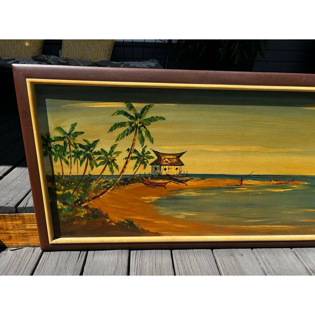 The product is a vintage Carlo Of Hollywood Art Hawaiian Polynesian Tropical Oil Painting from the Mid-Century Modern era....