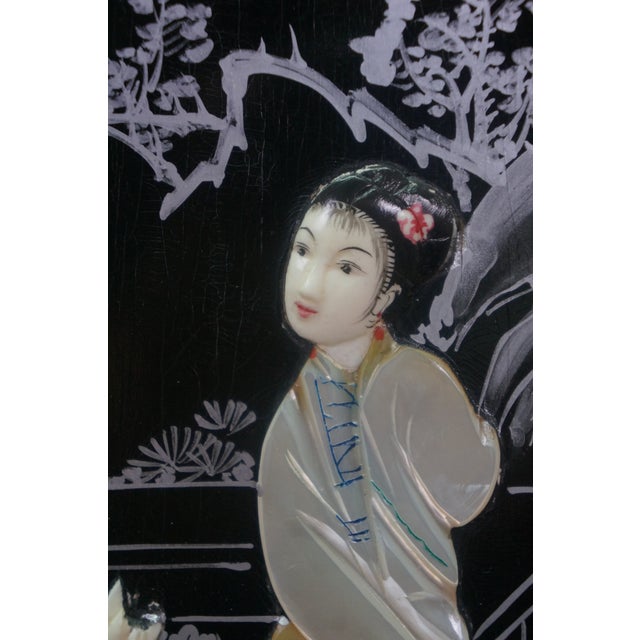 Black Black Lacquered Mother of Pearl Geisha Garden Courtyard Panels 24" For Sale - Image 8 of 13