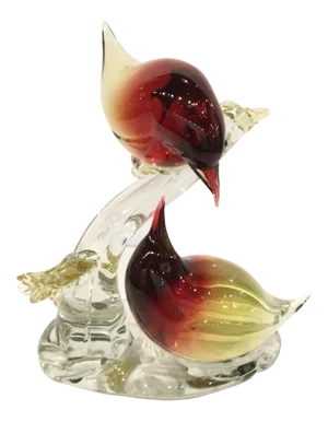 Murano Art Glass Red and Gold Birds on Branch Sculpture