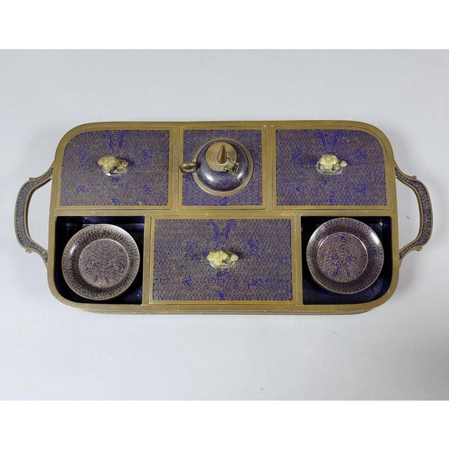 Chinoiserie Late 19th Century Chinese Qing Cloisonné Opium Tray With Original Burner, Foo Dog Covers & Six Dishes For Sale - Image 3 of 11