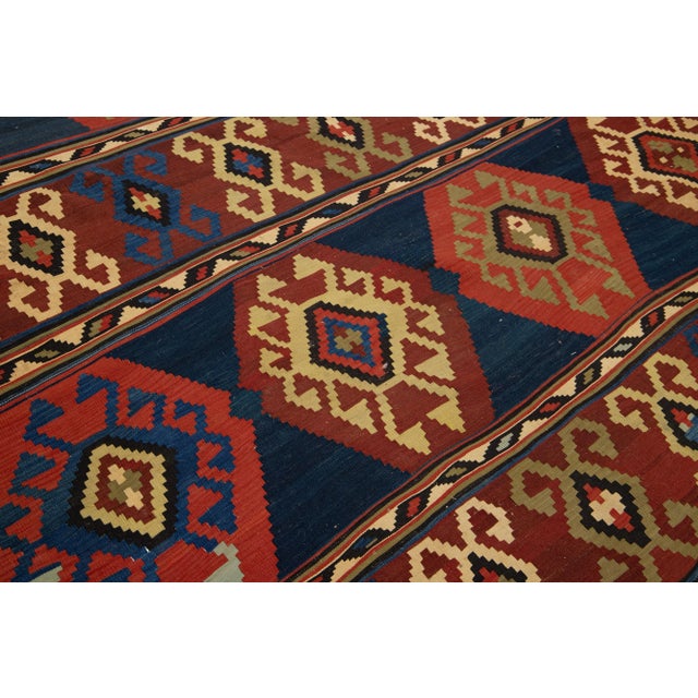 Handmade Vintage Turkish Kilim Wool Rug Allover Geometric in Blue and Red For Sale - Image 9 of 9