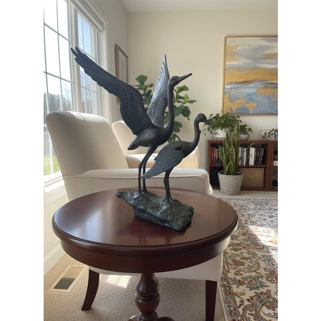 Mid-Century Modern Verdigris Bronze Crane & Heron Sculpture on Faux Stone Base For Sale - Image 9 of 10