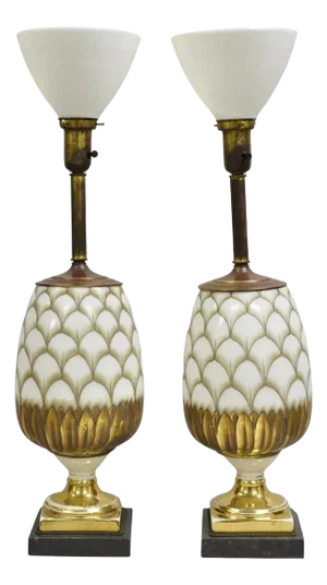 Vintage Italian Hollywood Regency Hand Painted Glass Pineapple Table Lamp - Pair