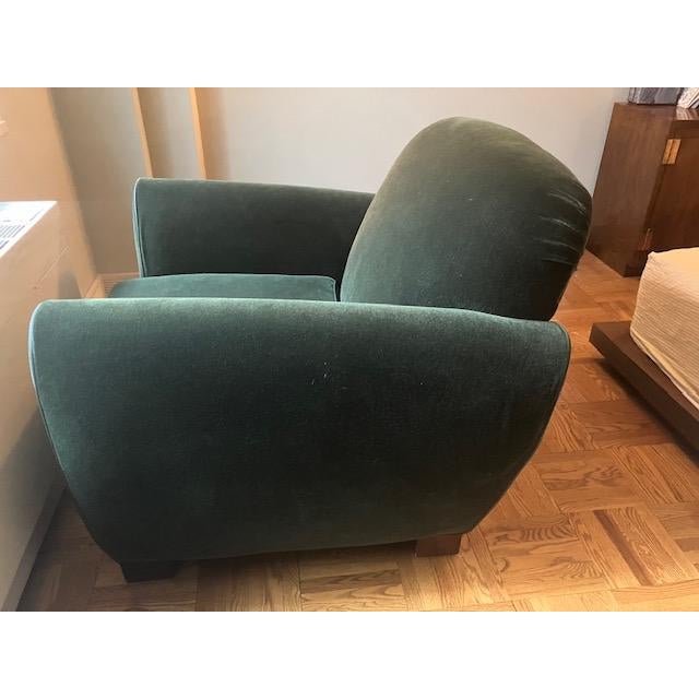 Deco style club chair with leather trim. Extra large. Hunter green velvet. Good condition. Feet can be removed.