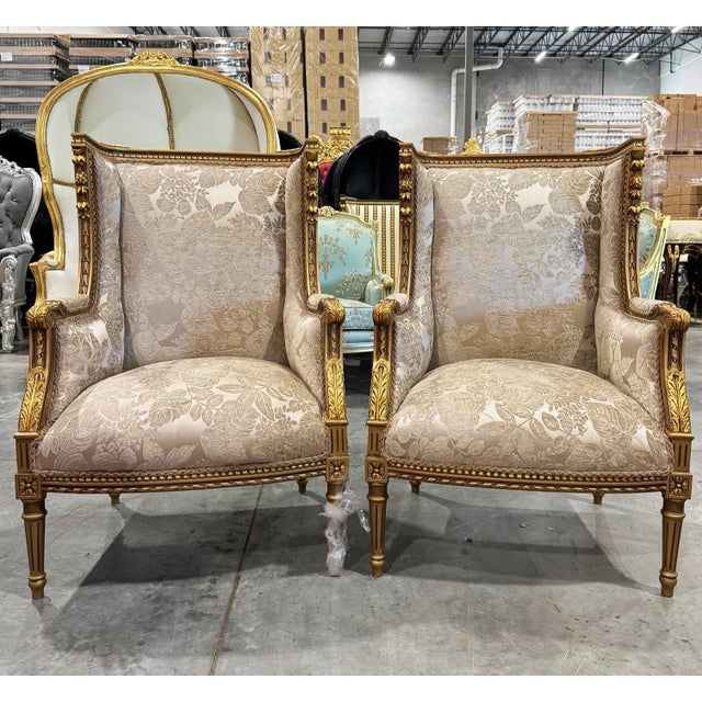 Neo-Classical Gold Bergère Wing Chair With Gold Leaf Details For Sale - Image 4 of 4