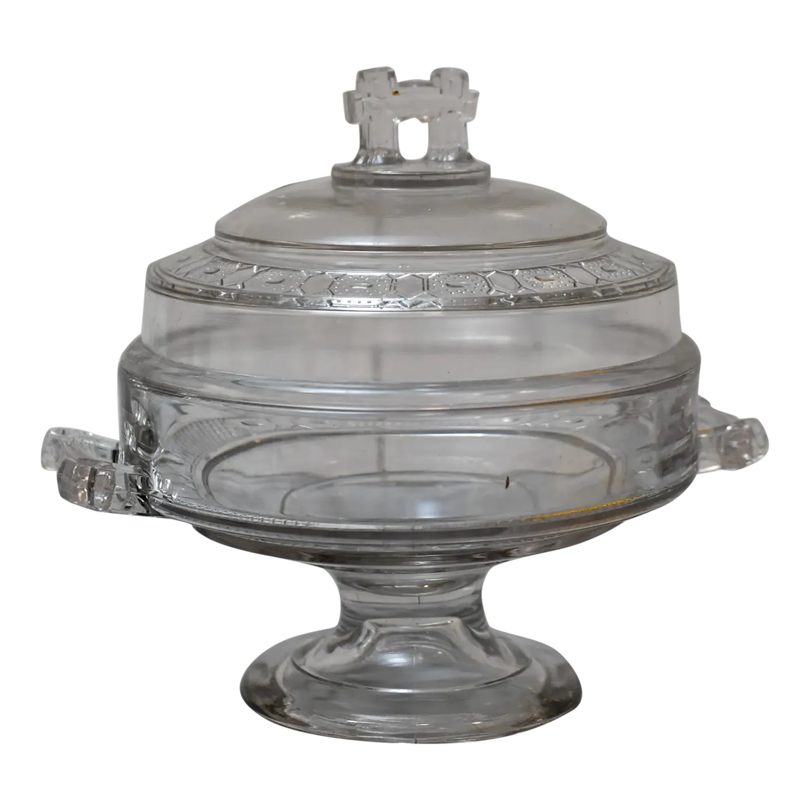 Early American Pressed Glass Bamboo Handled Glass Compote With Lid