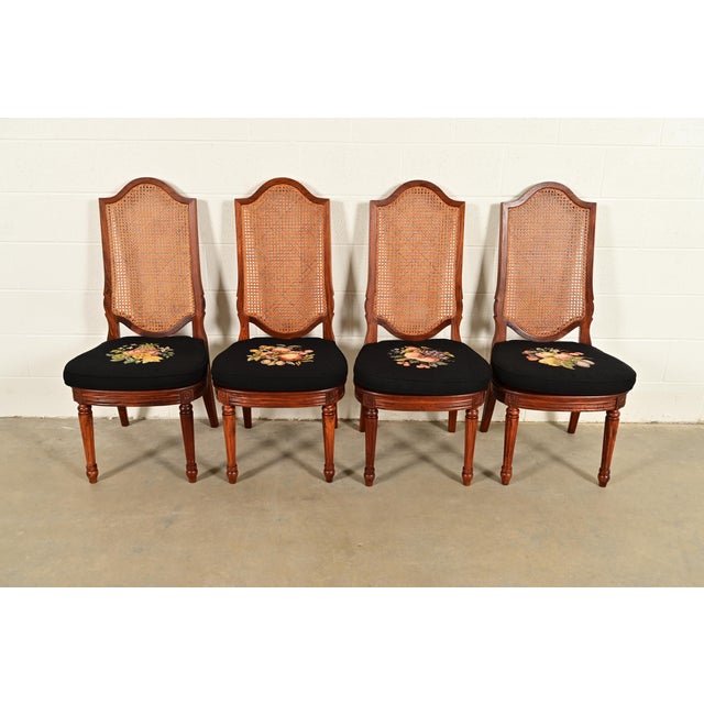 French Karges Style French Regency Louis XVI Carved Teak and Cane Back Dining Chairs, Set of Four For Sale - Image 3 of 14