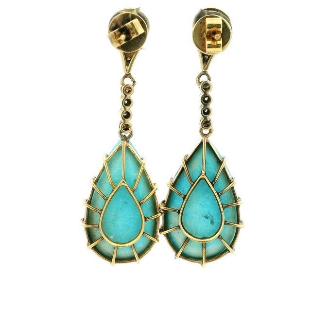Metal Italian 18k Gold Turquoise and Diamond Drop Earrings, Pair For Sale - Image 7 of 11