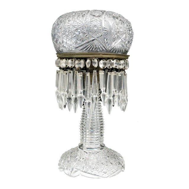 Antique American Brilliant Period Cut Glass Mushroom Lamp With Crystal Prisms For Sale