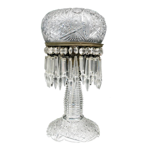 Antique American Brilliant Period Cut Glass Mushroom Lamp With Crystal Prisms