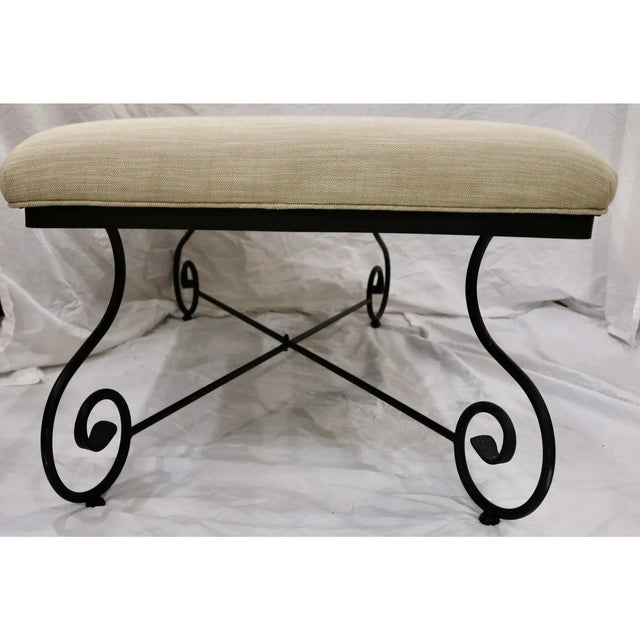 Mid 20th Century Mid 20th Century Bench Upholstered in Tan Linen on Wrought Iron Frame For Sale - Image 5 of 6
