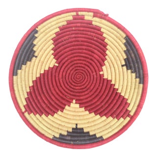 Vintage African Coiled Straw Basket, Red White and Blue For Sale