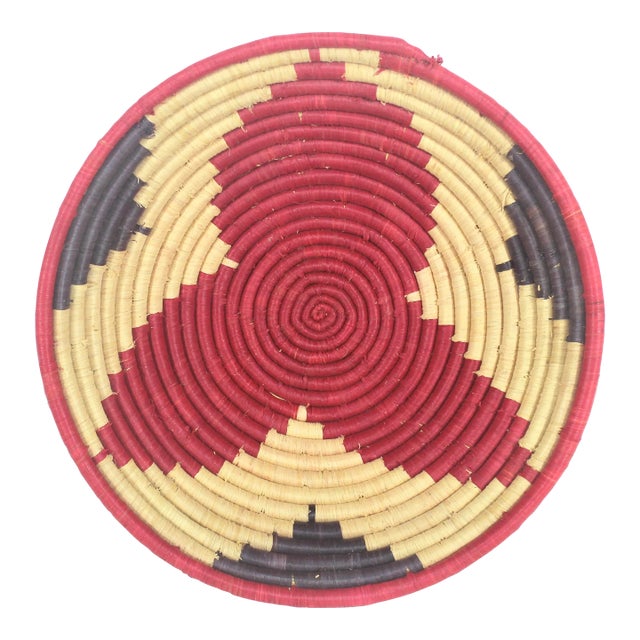 Vintage African Coiled Straw Basket, Red White and Blue For Sale